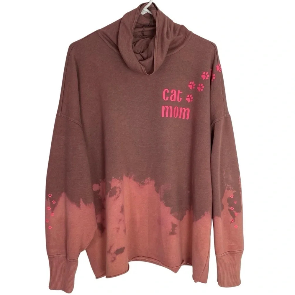 Handmade Cat Mom Sweatshirt Womens XL XXL Oversized Pullover Turtleneck Pink Tan